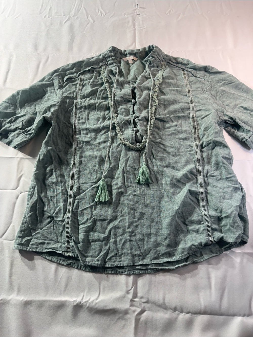 Plastic Island Medium Mint Green Linen-Blend Peasant Top